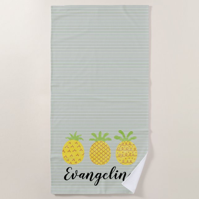 Toalha De Praia Trio de Abacaxi com Pinstripe Verde (Frente)