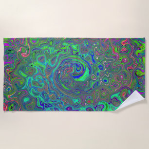 Toalha De Praia Trippy Chartreuse e Blue Retro Liquid Swirl