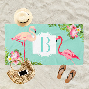 Toalha De Praia Tropical Flamingo e Hibiscus Flowers Monograma