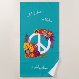 Toalha De Praia Tropical Havaiana Peace Love Personalizada Blue