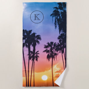Toalha De Praia Tropical Rainbow Color Palm Tree Sunset Monograma