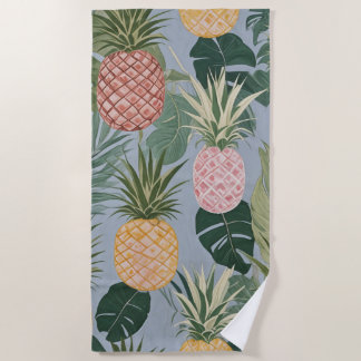 Toalha De Praia Tropical Serenity: Painted Pineapples and Palms