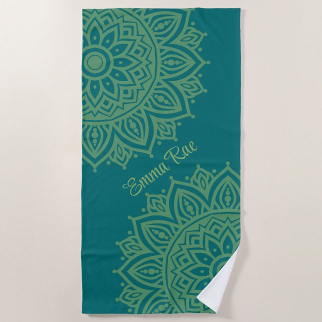 Toalha De Praia Turquesa Blue & Sea Green Mandala Flor (Frente)