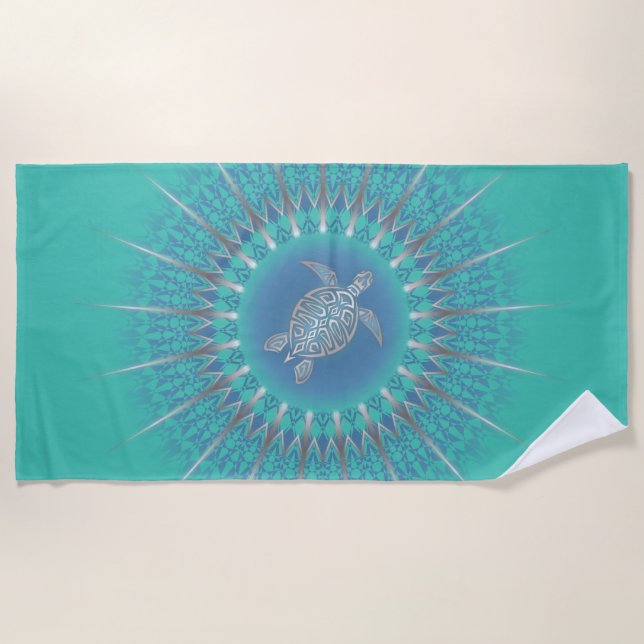 Toalha De Praia Turquoise Silver Turtle Mandala (Frente)