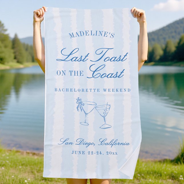Toalha De Praia Último Brinde na Costa Listras de Desenho Cachaça  (lake bachelorette party favor personalized beach towel blue stripes hand drawn girls weekend gift)