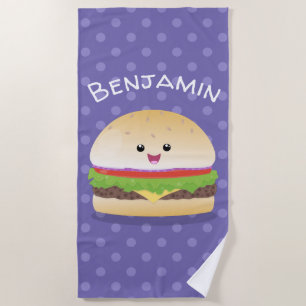 Toalha De Praia Um lindo desenho animado de hambúrguer de kawaii