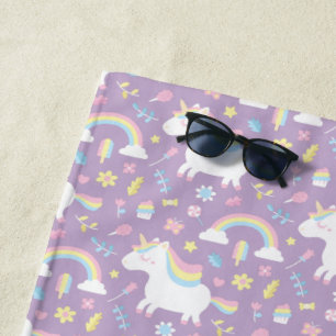 Toalha de Praia Unicórnio Fofo Roxo Meninas Arco-Í