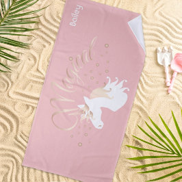 Toalha De Praia Unicórnio Mágico Rosa Moderno Personalizado