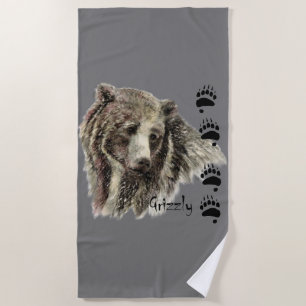 Toalha De Praia Urso Cinza de Aquarela com Traços Natureza Animal
