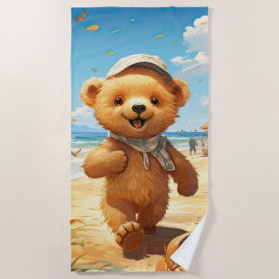 Toalha De Praia Urso de pelúcia bonito caminhando na praia