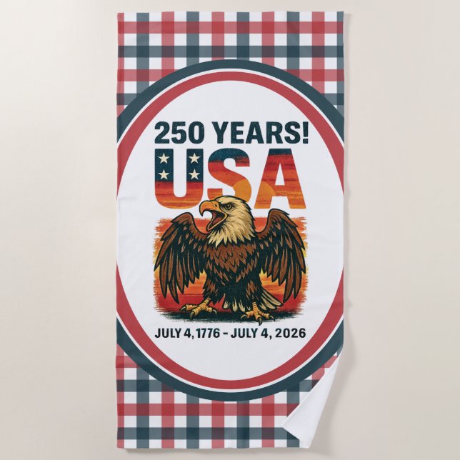 Toalha De Praia USA 250 Years – Patriotic Bald Eagle July 4th 2026 (Frente)
