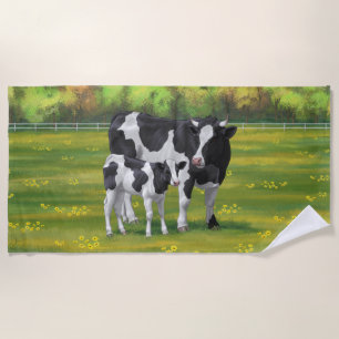 Toalha De Praia Vaca Holstein e Vitelo Fresco na Pastagem de Verão