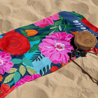 Toalha De Praia Vacinas florais personalizadas cor-de-rosa colorid