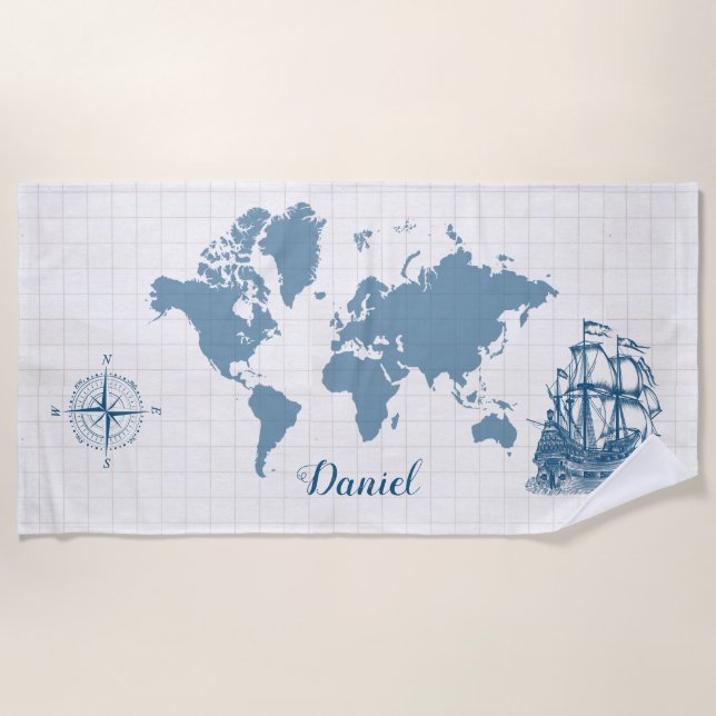 Toalha De Praia Veleiro antigo com Nome (Frente)