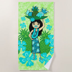Toalha De Praia Verde limão de Rapariga Hula Hawaiana Pineapple Lu