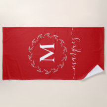 Vermelho Natal | Monograma branco de coroa botânic