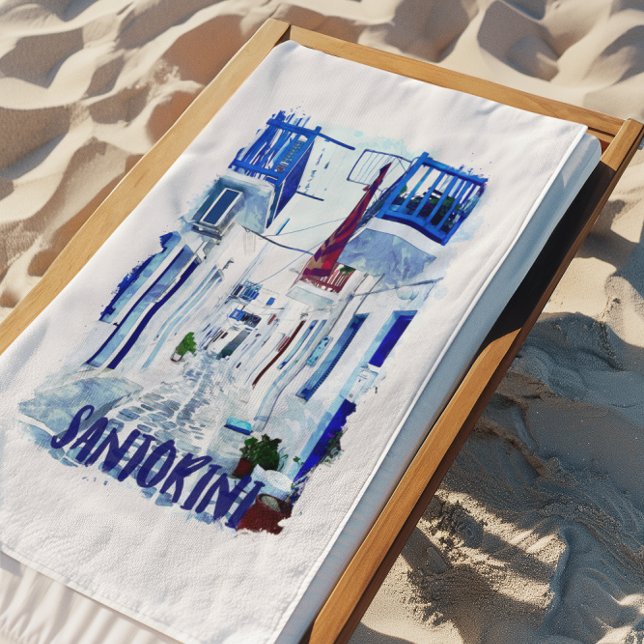 Toalha De Praia Viagem Azul Santorini e Branco (Minimalist Santorini Blue and White Travel Beach Towel)