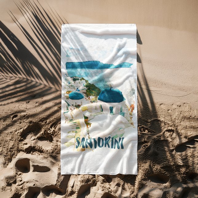 Toalha De Praia Viagem de Grécia de Santorini (Santorini Greece Travel Watercolor Beach Towel)