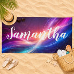 Toalha De Praia Vibrant Energy Cosmic<br><div class="desc">Wrap yourself in vibrant energy with this stunning Personalized Cosmic Galaxy Beach Towel, designed to shine as boldly as you do. Featuring a mesmerizing swirl of radiant purples, pinks, blues, and golden light, this design captures the beauty of a glowing aurora across a night sky. Customized with your name in...</div>