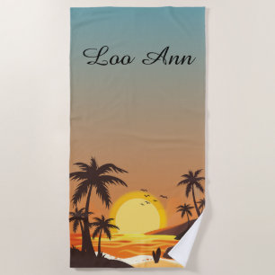 Toalha De Praia Vintage Beach Sunset Vacset surf laranja castanho