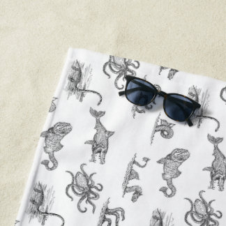 Toalha De Praia Vintage Black & White Sea Monster Line Art Beach