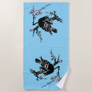 Toalha De Praia Vintage, Corvo Japonês e Flores de Cereja