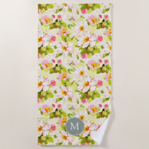Vintage Floral Rosa Peonies Monograma Beach Towel