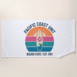 Toalha De Praia Vintage Pacific Coast Surf Beach Towel<br><div class="desc">Ride the wave with our "Pacific Coast Unit" premium design. Featuring a classic vintage surfboard and a retro sunset palette,  this graphic captures the timeless spirit of the Golden State. Perfect for surf enthusiasts and fans of 90s aesthetic streetwear. Established in 1994,  designed for the endless summer</div>