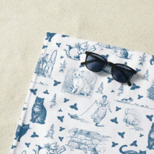 Toalha De Praia Vintage Retro Toile Patterno Cat Catnip White Blue