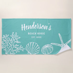 Toalha De Praia Vintage Shell Starfish House Nome Mar Verde