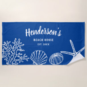 Toalha De Praia Vintage Shell Starfish Nome da Casa Azul Branco
