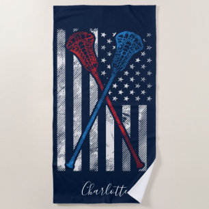 Toalha De Praia Vintage USA Flag e Lacrosse Sticks Personalizados