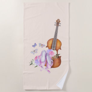 Toalha De Praia Violino, Calçados Balés, Flores e Borboletas
