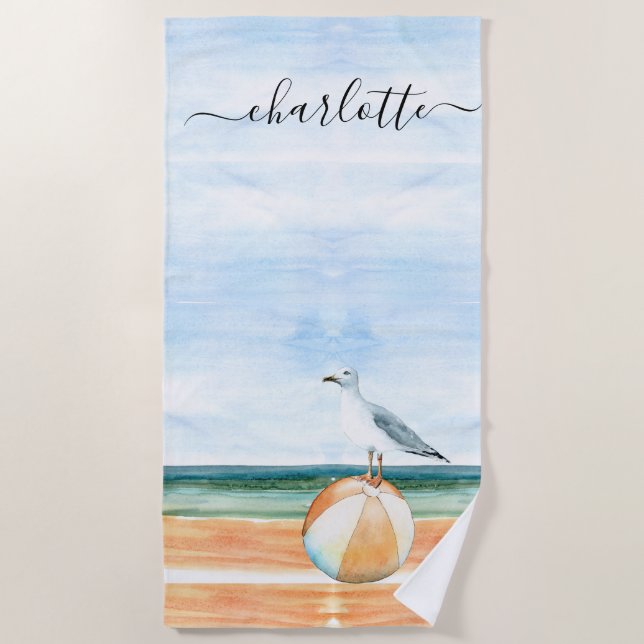 Toalha De Praia Watercolor Beach Ball Sea Gull Towel (Frente)