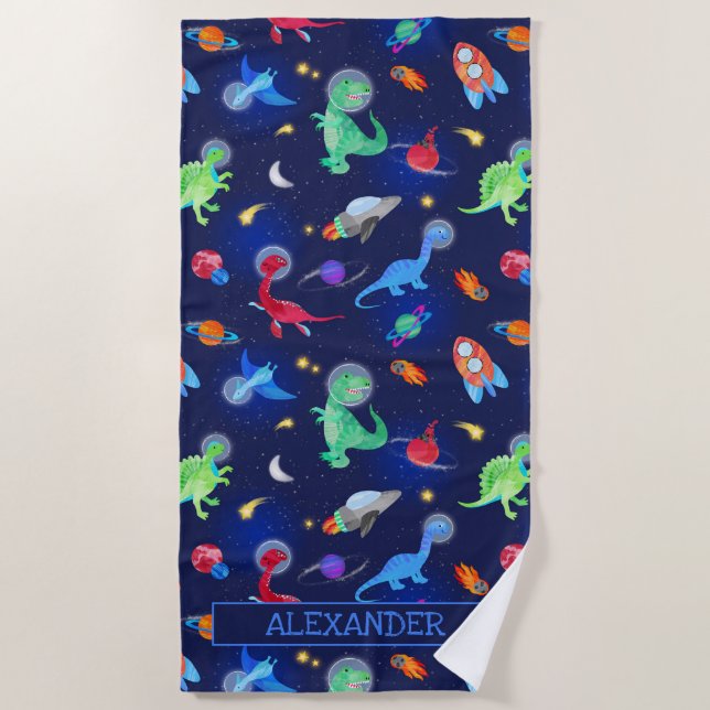 Toalha De Praia Watercolor Dinosaur Astronauts In Space Blue (Frente)