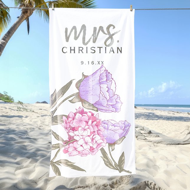 Toalha De Praia Watercolor Floral Sra. Date (Watercolor Floral Mrs Date Beach Towel)