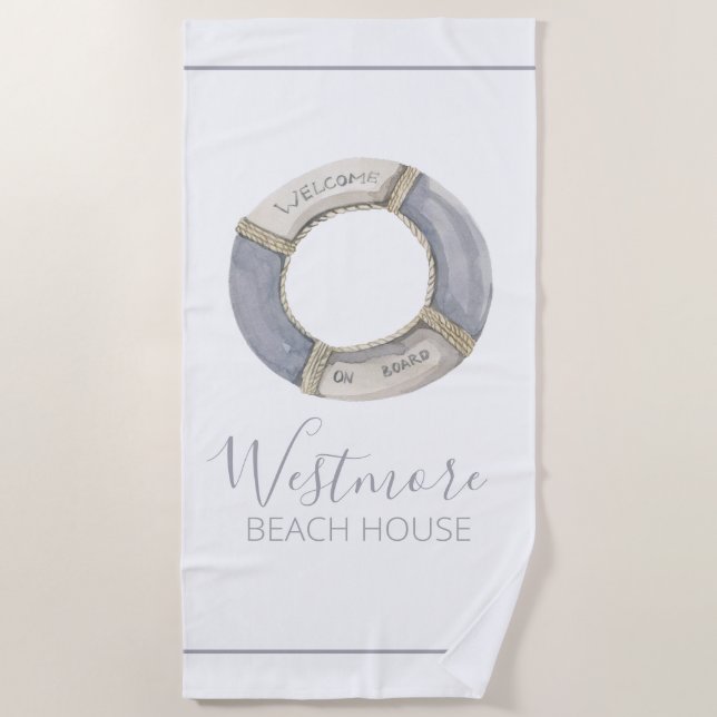 Toalha De Praia Watercolor Life Preserver Beach House (Frente)