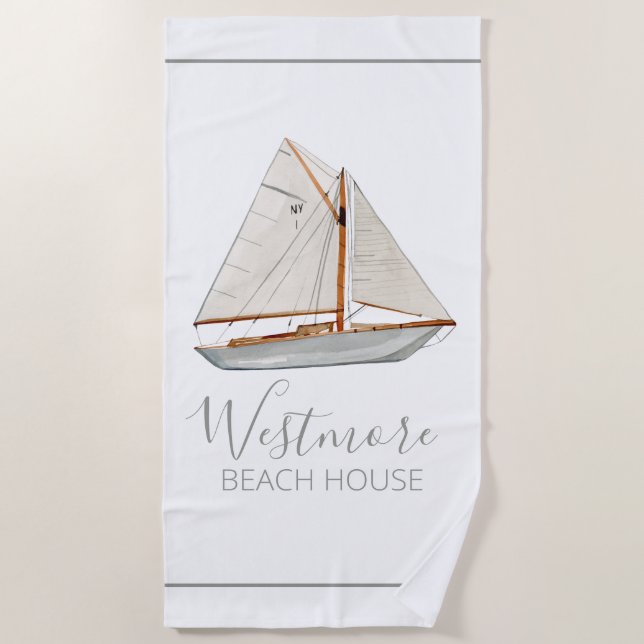 Toalha De Praia Watercolor Sailboat Beach House (Frente)
