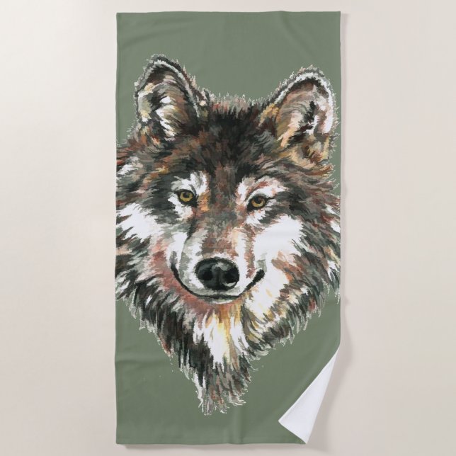 Toalha De Praia Watercolor Wolf Nature Art Beach Towel (Frente)