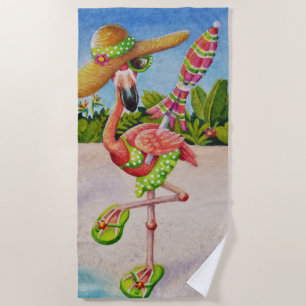 Toalha De Praia Whimsical Beach Babe Flamingo No. 2, Watercolor Ar