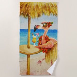 Toalha De Praia Whimsical Beach Babe Flamingo No. 4, Watercolor Ar