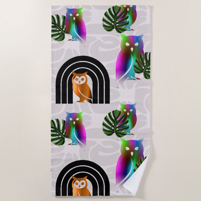 Toalha De Praia Whimsical Boho Owl & Tropical Monstera Leaf (Frente)