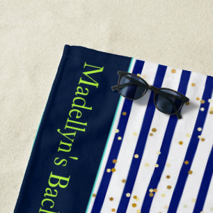 Toalha De Praia White Blue Stripes Casamento Moderno Monograma