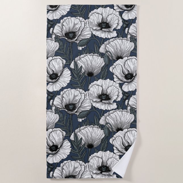 Toalha De Praia White poppies on navy (Frente)
