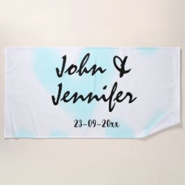 Toalha De Praia white simple minimal text style wedding blue heart