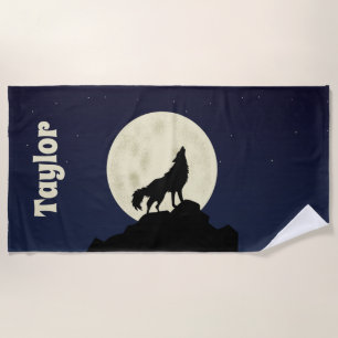 Toalha De Praia Wolf Howling personalizado na ilustração da lua