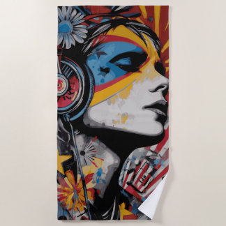 Toalha De Praia Woman with Headphones Street Art Portrait