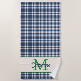 Toalha De Praia Xadrez Gingham Azul e Verde com Monograma
