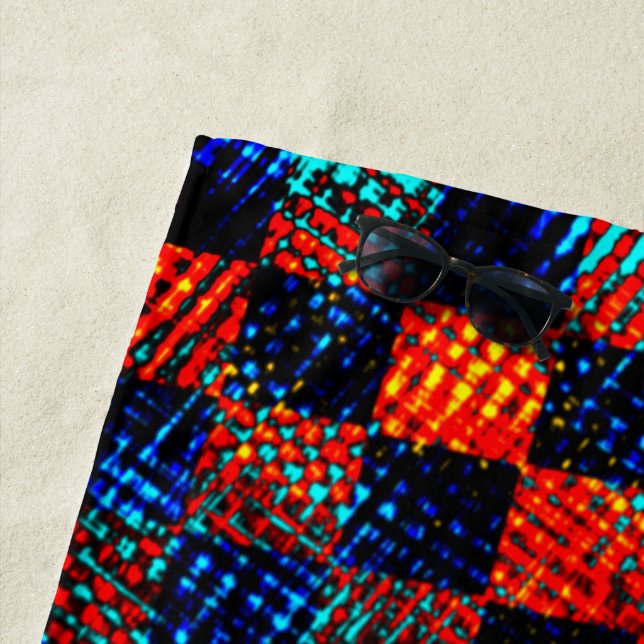 Toalha De Praia Xadrez laranja quase vermelha, azul e suja (In Situ)