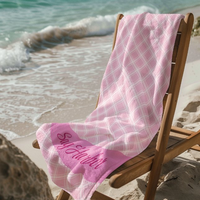 Toalha de Praia Xadrez Rosa com Texto Personalizad (Custom Beach Towel
)